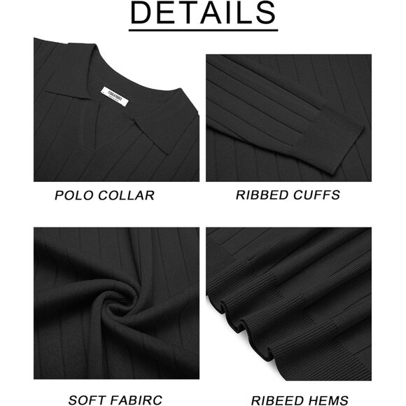 Men's Polo Sweaters Long Sleeve V Neck Knit Casual Pullover Sweater All Black - Picture 6 of 6